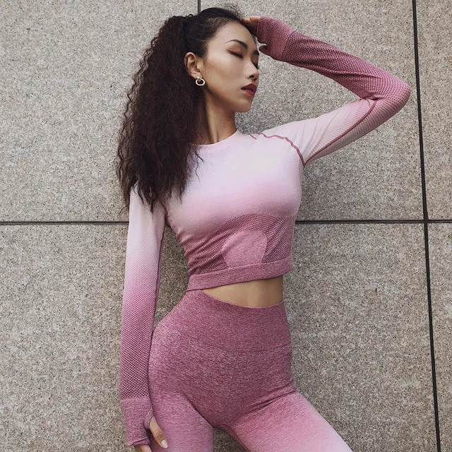 2 Pcs Yoga Set For Women Long Sleeve Fitness Crop Top And Scrunch Butt Sport Leggings Ombre Seamless Gym Clothing Sport Suits