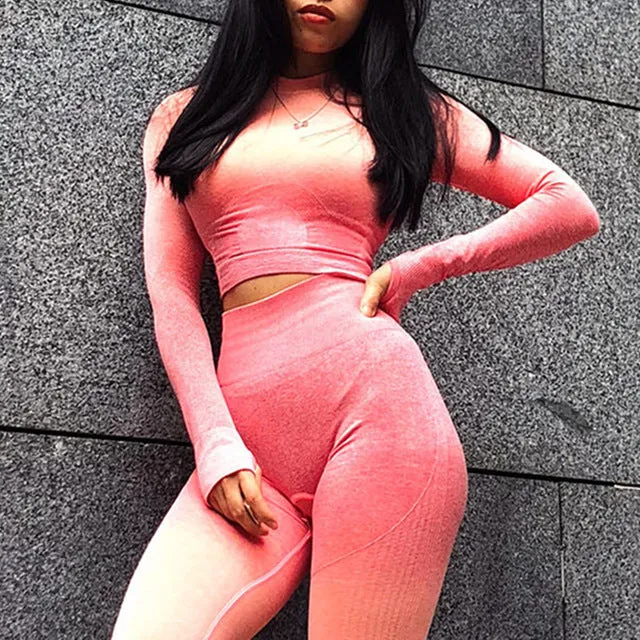 2 Pcs Yoga Set For Women Long Sleeve Fitness Crop Top And Scrunch Butt Sport Leggings Ombre Seamless Gym Clothing Sport Suits
