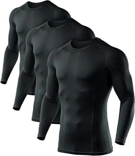ATHLIO Men's UPF 50  Long Sleeve Compression Shirts, Water Sports Rash Guard Base Layer, Athletic Workout Shirt, 3pack Black/Black/Black
