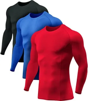 ATHLIO Men's UPF 50  Long Sleeve Compression Shirts, Water Sports Rash Guard Base Layer, Athletic Workout Shirt, 3pack Black/Blue/Red