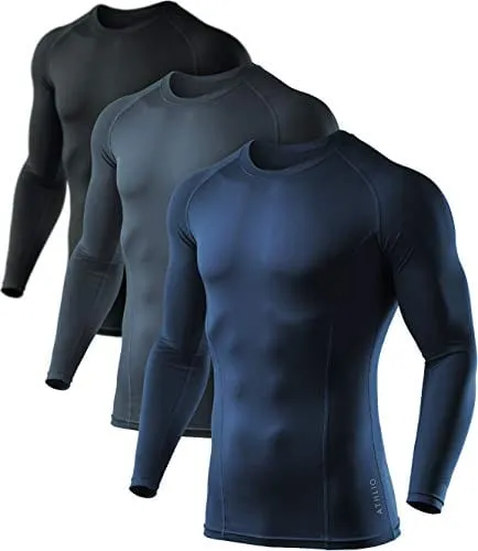 ATHLIO Men's UPF 50  Long Sleeve Compression Shirts, Water Sports Rash Guard Base Layer, Athletic Workout Shirt, 3pack Black/Charcoal/Navy