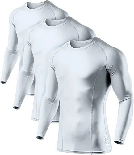 ATHLIO Men's UPF 50  Long Sleeve Compression Shirts, Water Sports Rash Guard Base Layer, Athletic Workout Shirt, 3pack White/White/White