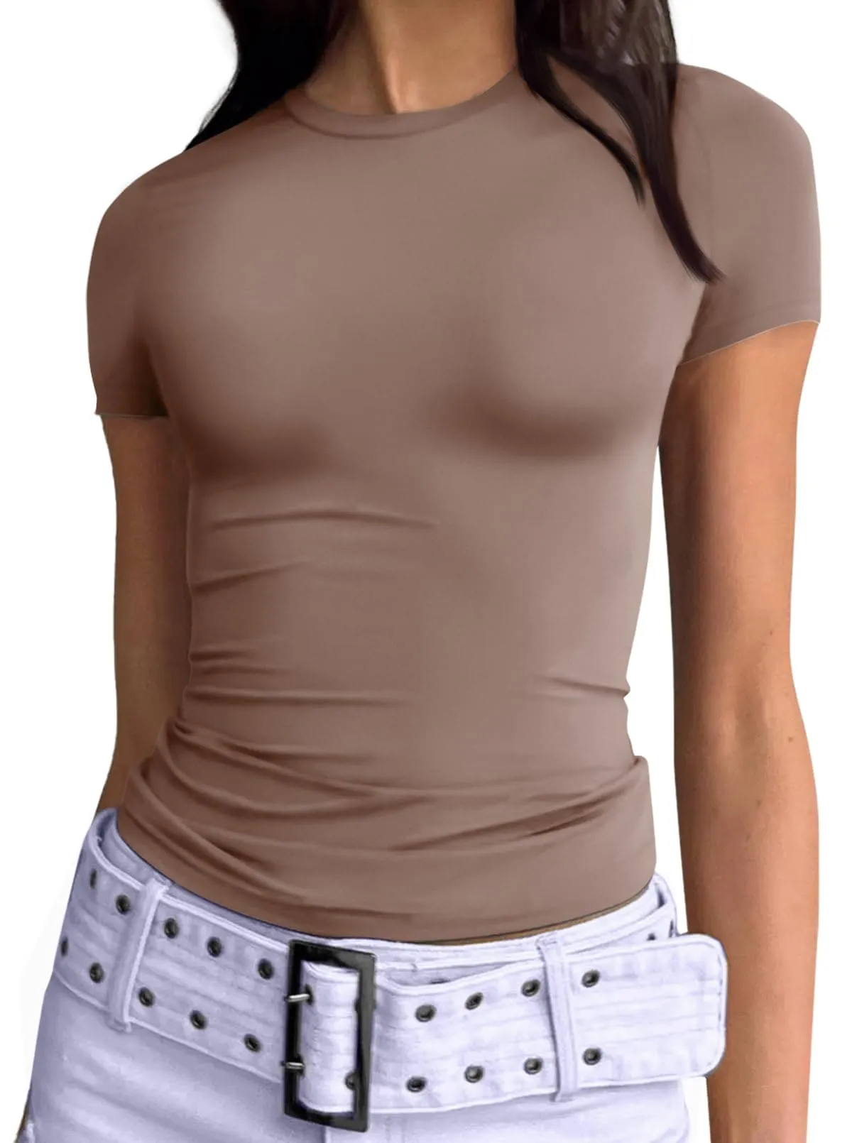 AUTOMET Womens Short Sleeve Basic Going Out T-Shirts Crew Neck Crop Tops Tight Slim Fit Y2K Trendy Summer Clothes 2025 Coffee Grey S