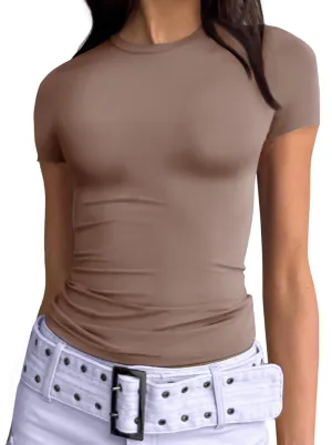 AUTOMET Womens Short Sleeve Basic Going Out T-Shirts Crew Neck Crop Tops Tight Slim Fit Y2K Trendy Summer Clothes 2025 Coffee Grey S