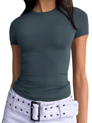 AUTOMET Womens Short Sleeve T Shirts Basic Crew Neck Crop Tops Tight Going Out Y2K Trendy Summer Clothes 2025 Haze Blue S