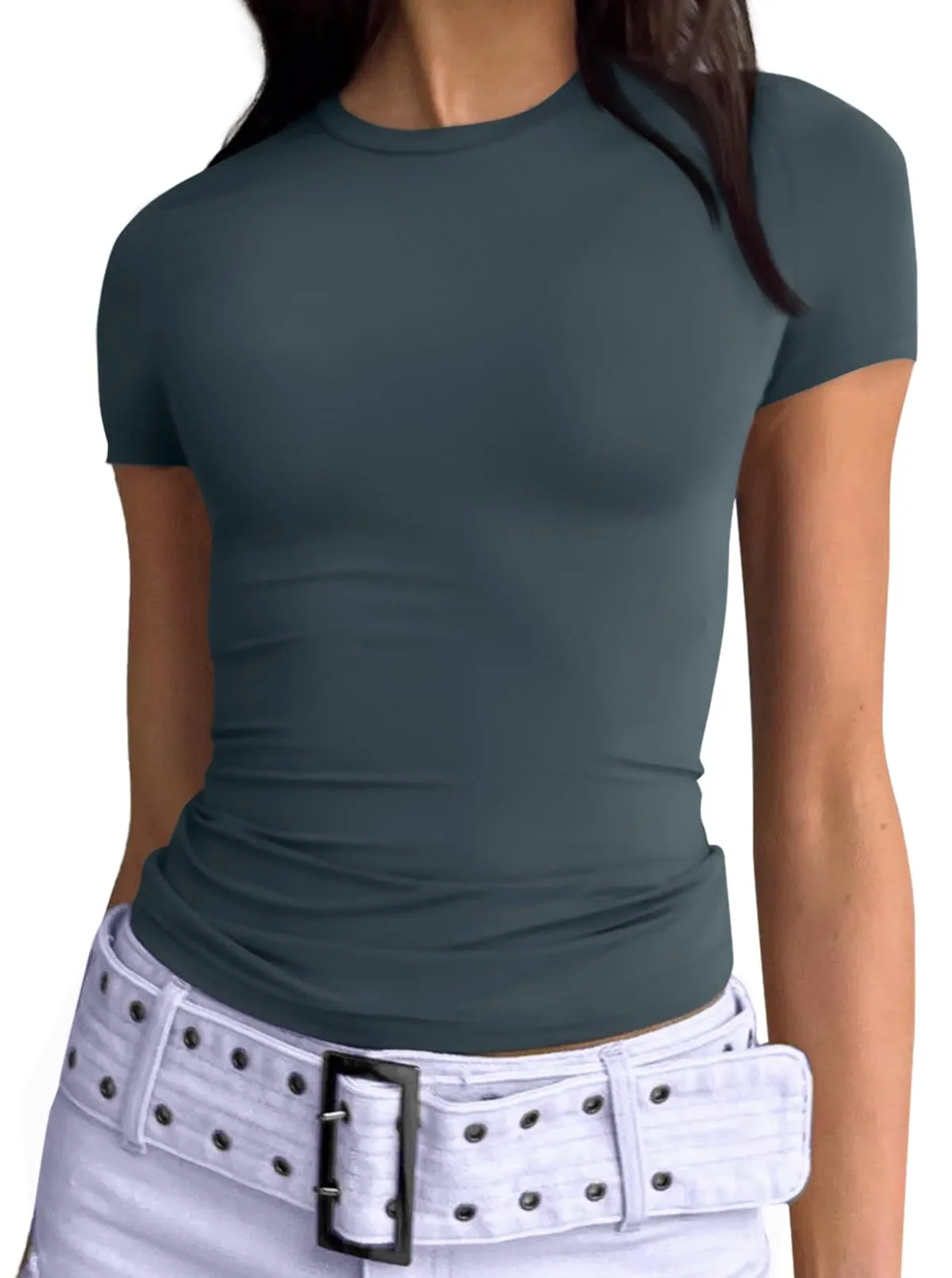 AUTOMET Womens Short Sleeve T Shirts Basic Crew Neck Crop Tops Tight Going Out Y2K Trendy Summer Clothes 2025 Haze Blue S