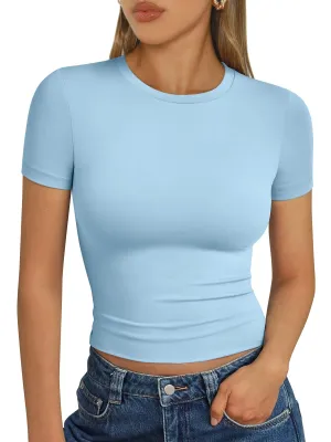 AUTOMET Womens Short Sleeve T Shirts Basic Summer 2025 Workout Tops Crew Neck Gym Crop Tops Trendy Y2K Clothes Baby Blue