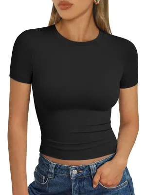 AUTOMET Womens Short Sleeve T Shirts Basic Summer 2025 Workout Tops Crew Neck Gym Crop Tops Trendy Y2K Clothes Black
