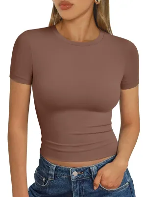 AUTOMET Womens Short Sleeve T Shirts Basic Summer 2025 Workout Tops Crew Neck Gym Crop Tops Trendy Y2K Clothes Coffee