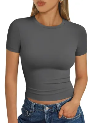 AUTOMET Womens Short Sleeve T Shirts Basic Summer 2025 Workout Tops Crew Neck Gym Crop Tops Trendy Y2K Clothes Gray