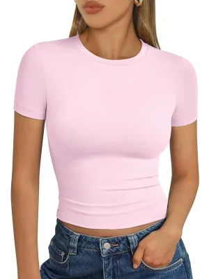AUTOMET Womens Short Sleeve T Shirts Basic Summer 2025 Workout Tops Crew Neck Gym Crop Tops Trendy Y2K Clothes Light Pink