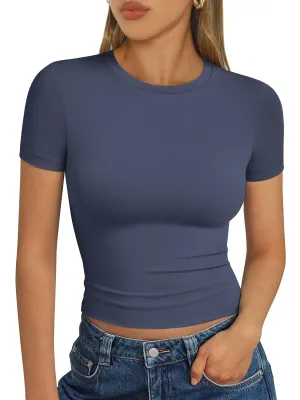 AUTOMET Womens Short Sleeve T Shirts Basic Summer 2025 Workout Tops Crew Neck Gym Crop Tops Trendy Y2K Clothes Navy
