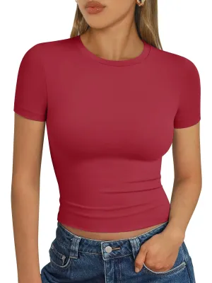 AUTOMET Womens Short Sleeve T Shirts Basic Summer 2025 Workout Tops Crew Neck Gym Crop Tops Trendy Y2K Clothes Red