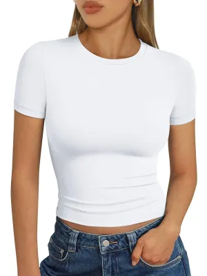 AUTOMET Womens Short Sleeve T Shirts Basic Summer 2025 Workout Tops Crew Neck Gym Crop Tops Trendy Y2K Clothes White