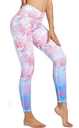 COOLOMG Women's Yoga Pants Printed Leggings Workout Running Tights with Side Pockets Leaves S   Headband