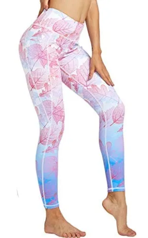 COOLOMG Women's Yoga Pants Printed Leggings Workout Running Tights with Side Pockets Leaves S   Headband