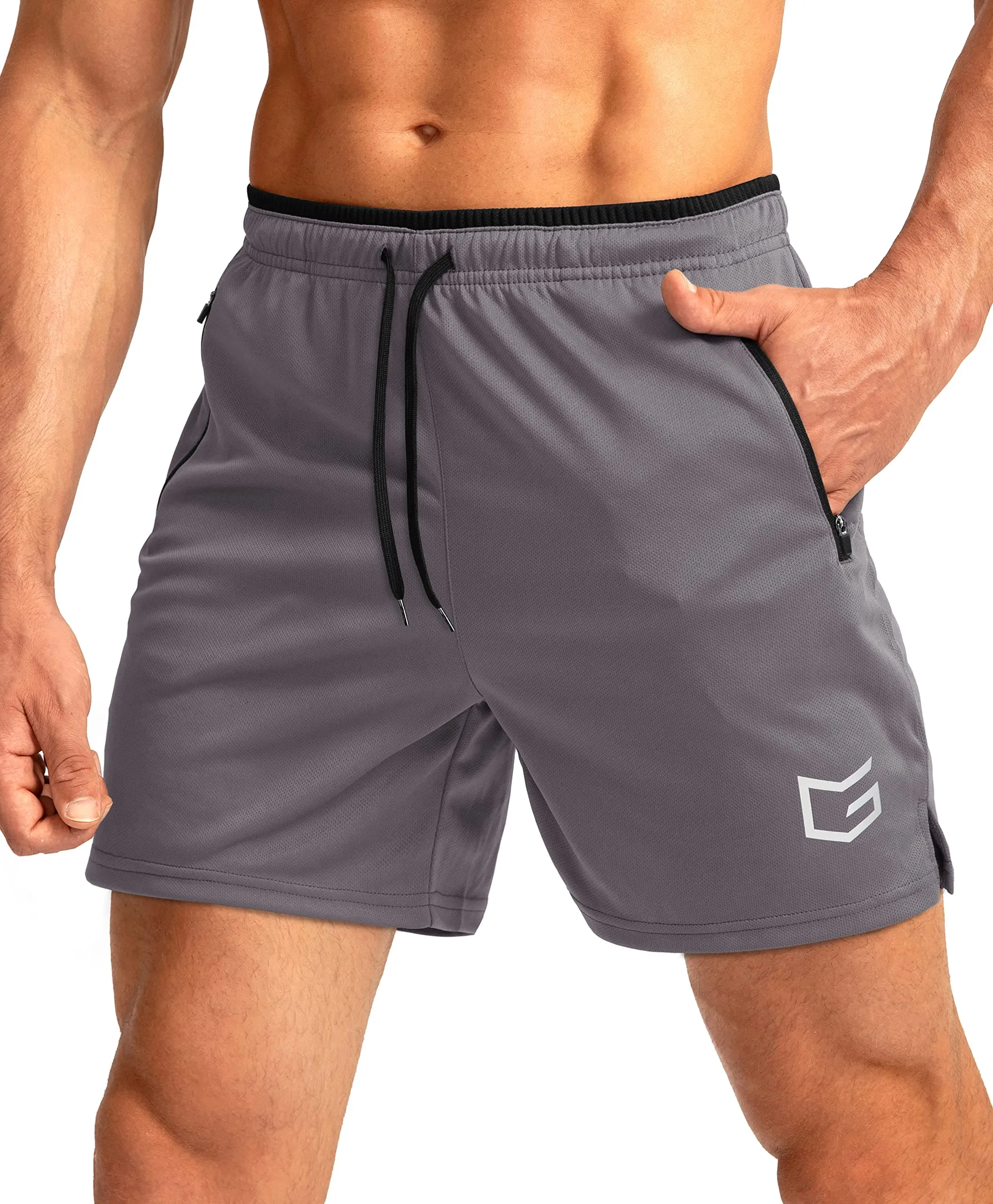 G Gradual Men's Running Shorts with Zipper Pockets Quick Dry Gym Athletic Workout 5" Shorts for Men (Grey)