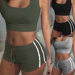 GLANE Yoga 2pcs Women Belt Suit Set Padded Bra Sleeveless Tops Belt Shorts Fitness Running Yoga Gym Sports
