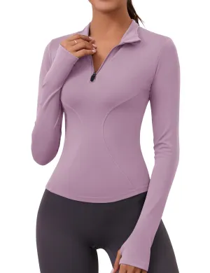 Golf Clothes Women Fall Long Sleeve Athletic Shirts Cropped Workout Running Gym Tops Quarter Zip Pilates Shirts Outfit(Pink Blue)
