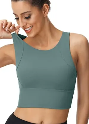 High Neck Sports Bra for Women Longline Full Coverage Sports Bras Medium Impact Padded Workout Crop Tops for Yoga Gym