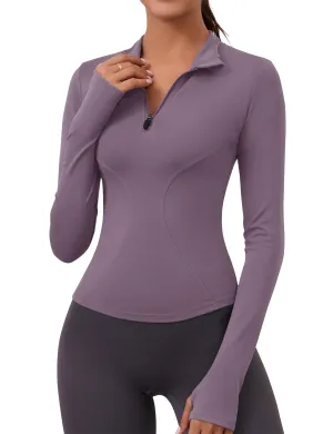 LOMON Women Long Sleeve Tops Dry Fit Workout T Shirt 1/4 Quarter Half Zip Women Polo Athletic Shirts (Grey Purple)