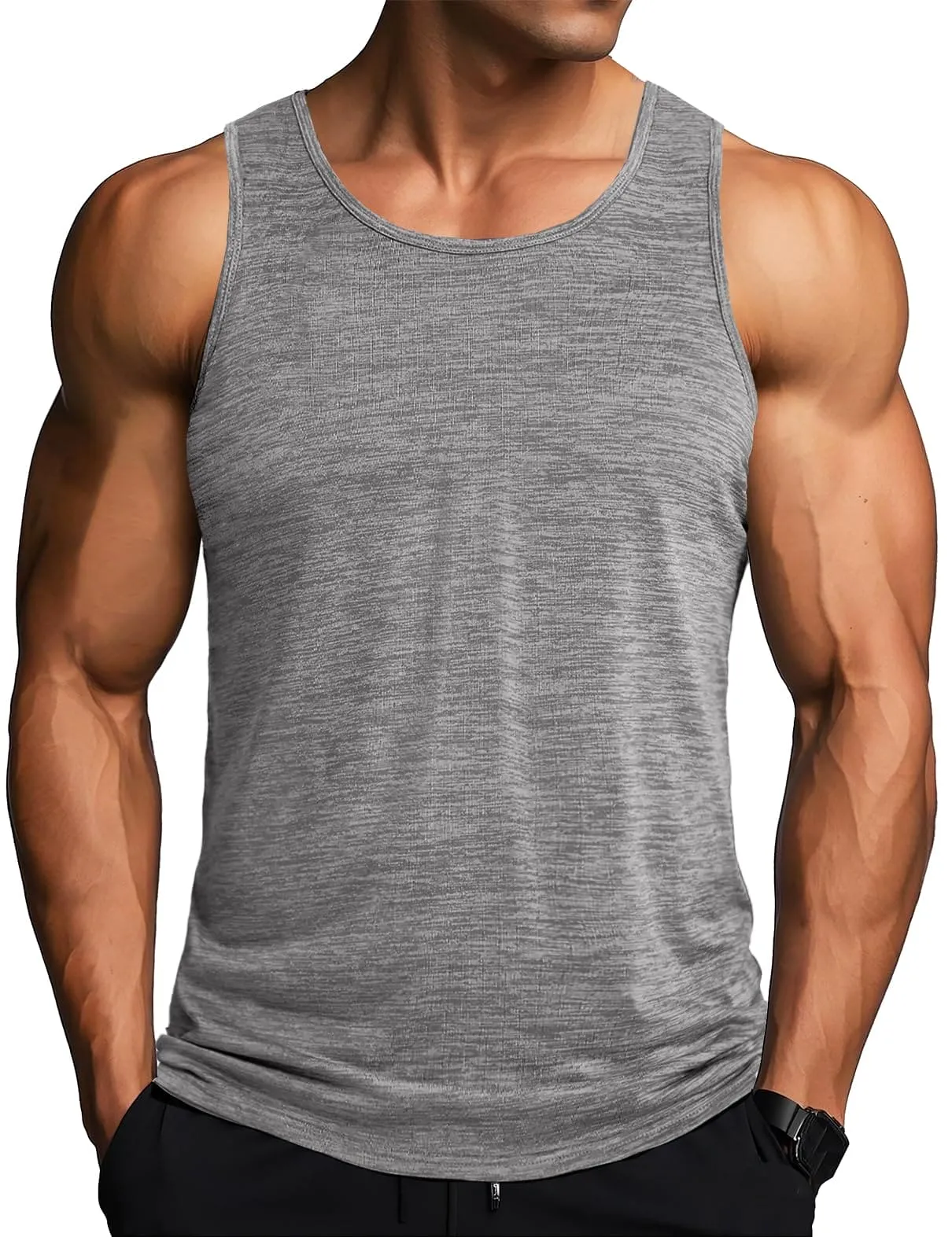 MAGCOMSEN Men's Tank Tops Quick Dry Gym Muscle Workout Athletic Summer Swim Running Tanks Top Light Grey