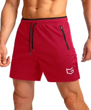 Men's Running Shorts with Zipper Pockets Quick Dry Gym Athletic Workout 5" Shorts for Men (red)