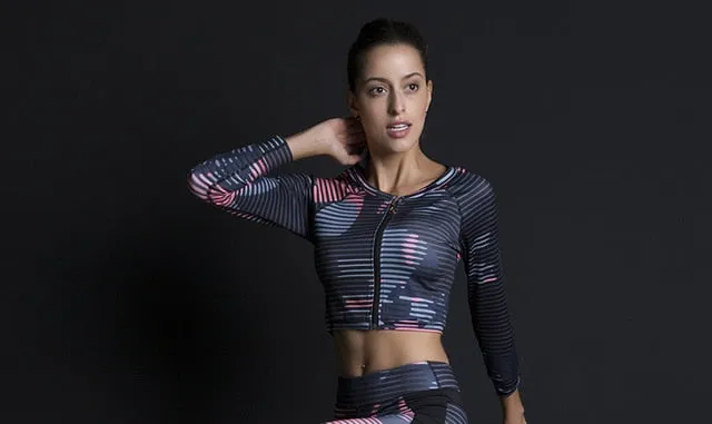 New Sport Suit Print Fitness Suit Leggings Breathable Yoga Set 2 Piece Zipper Sportswear T-shirt Sport Pants Tracksuit For Women