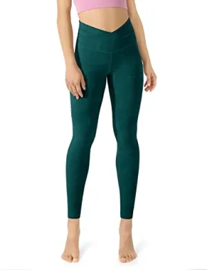 ODODOS Women's Cross Waist 7/8 Yoga Leggings with Inner Pocket, Workout Running Tights Yoga Pants -Inseam 25", Embossed Wave Forest Teal, XXX-Large