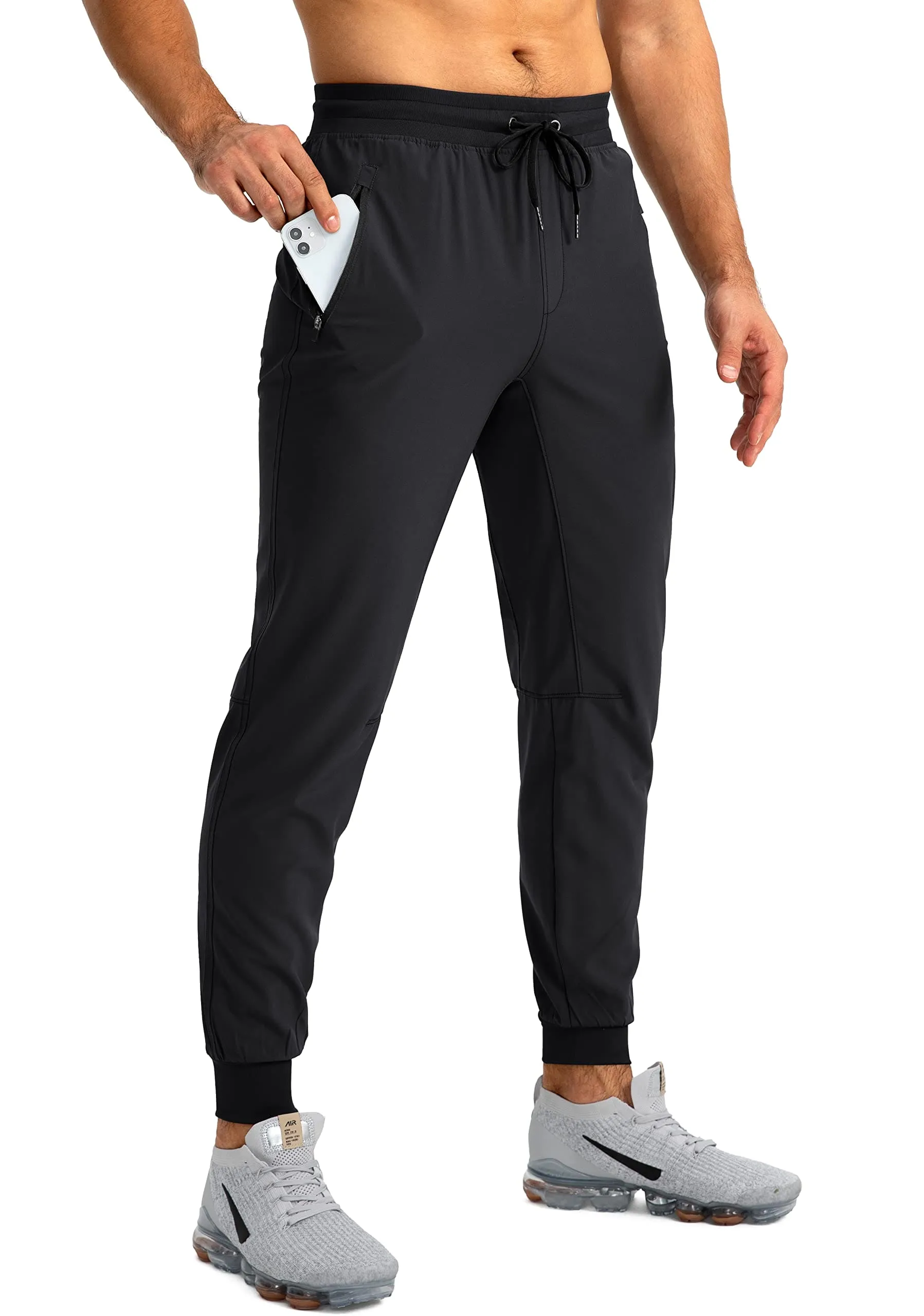 Pudolla Men's Lightweight Jogger Pants Workout Running Tapered Joggers for Men with Zipper Pockets for Athletic Travel Casual(Black)