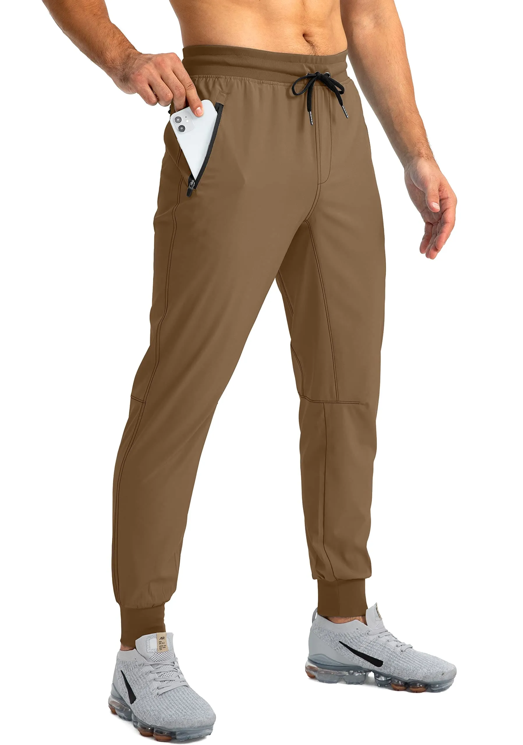 Pudolla Men's Lightweight Jogger Pants Workout Running Tapered Joggers for Men with Zipper Pockets for Athletic Travel Casual(Brown)