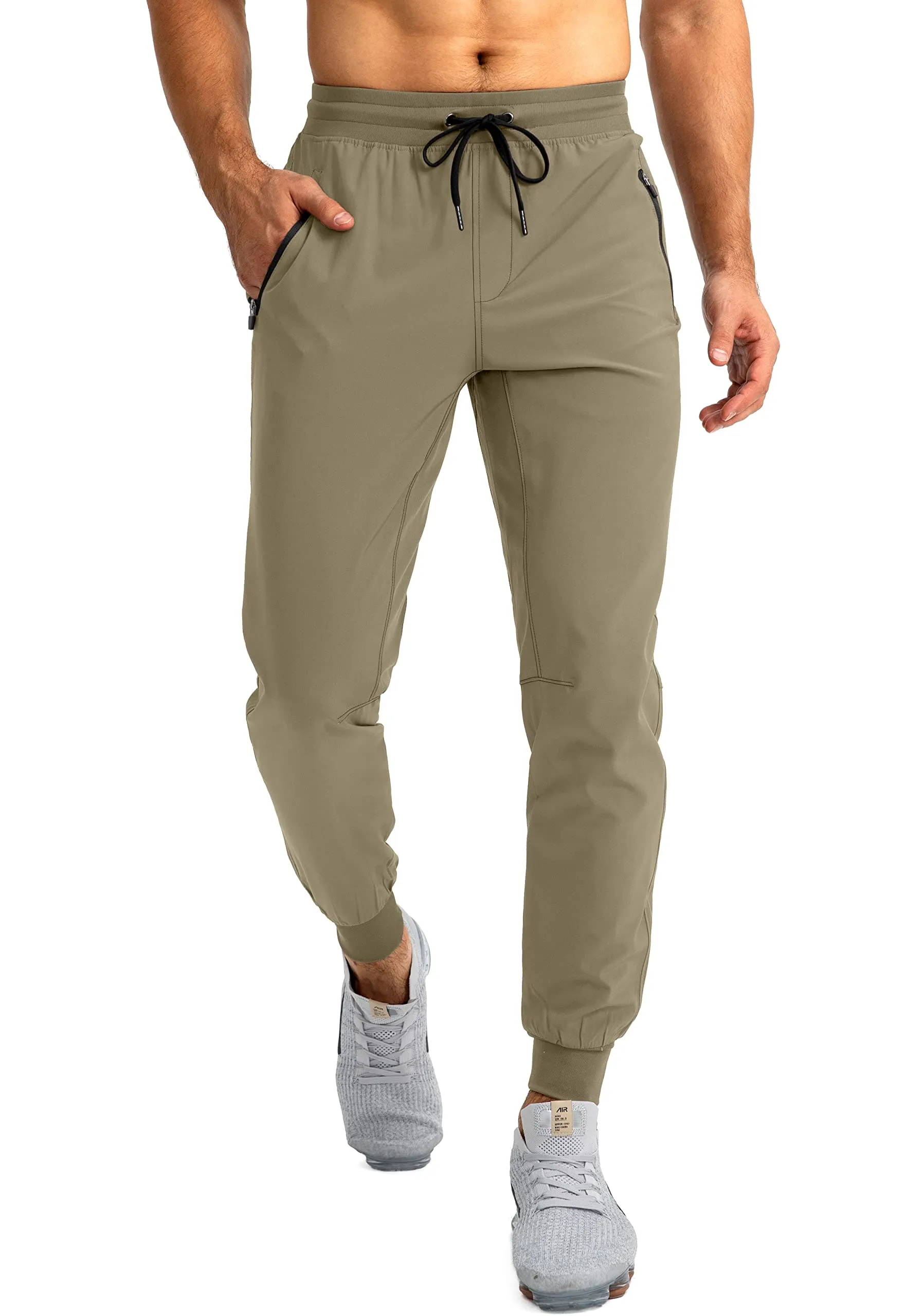 Pudolla Men's Lightweight Jogger Pants Workout Running Tapered Joggers for Men with Zipper Pockets for Athletic Travel Casual(Dasty Khaki)