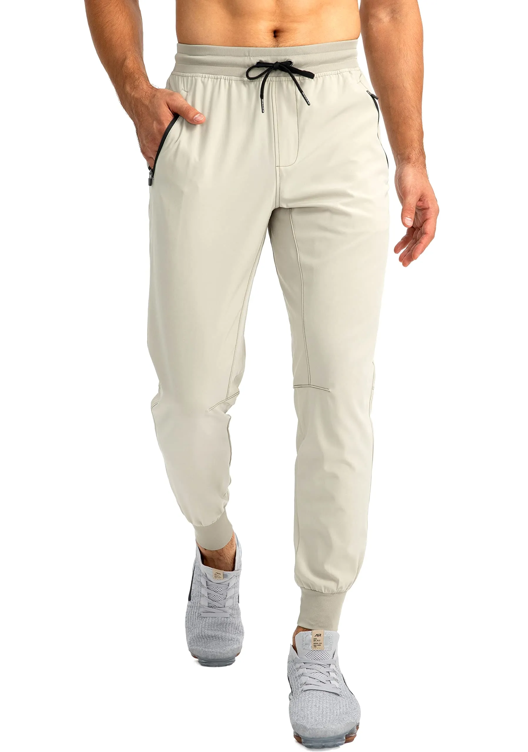 Pudolla Men's Lightweight Jogger Pants Workout Running Tapered Joggers for Men with Zipper Pockets for Athletic Travel Casual(Khaki)