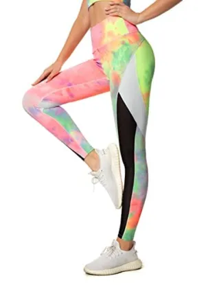 QUEENIEKE Women Yoga Pants Color Blocking Mesh Workout Running Leggings Tights Color Pink & Yellow Tie-dye