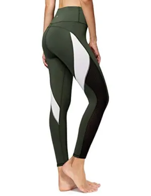 QUEENIEKE Women Yoga Pants Color Blocking Mesh Workout Running Leggings Tights Size S Color Dark Moss Green