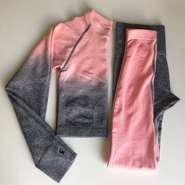 Women Yoga Set Gym Clothing Ombre Seamless Leggings Cropped Shirts Workout Sport Suit Women Long Sleeve Fitness Set Active Wear