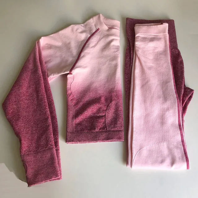 Women Yoga Set Gym Clothing Ombre Seamless Leggings Cropped Shirts Workout Sport Suit Women Long Sleeve Fitness Set Active Wear
