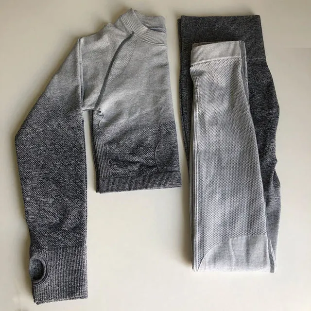 Women Yoga Set Gym Clothing Ombre Seamless Leggings Cropped Shirts Workout Sport Suit Women Long Sleeve Fitness Set Active Wear