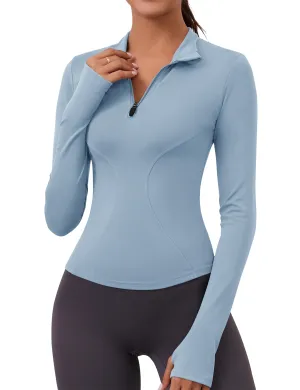Womens Athletic Tops Long Sleeve Slim Fit Cropped Jacket Workout Tops Quarter Zip Pullover Collared Yoga Shirts(Blue)