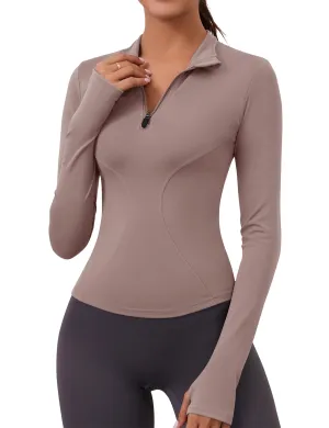 Womens Long Sleeve Workout Crop Tops Quick Dry Golf Shirt Quarter Zip Pullover Yoga Athletic Slim Fit Shirts(Brown Gray)