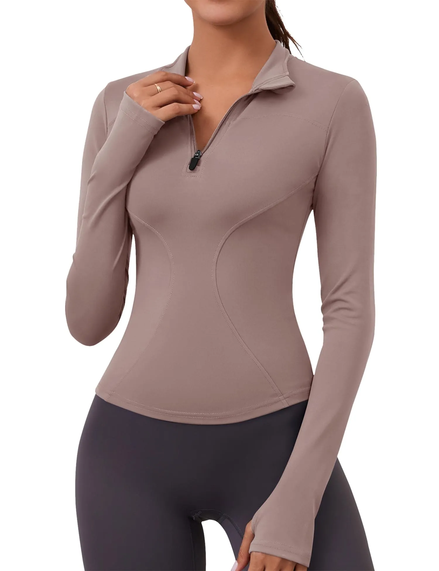 Womens Long Sleeve Workout Crop Tops Quick Dry Golf Shirt Quarter Zip Pullover Yoga Athletic Slim Fit Shirts(Brown Gray)