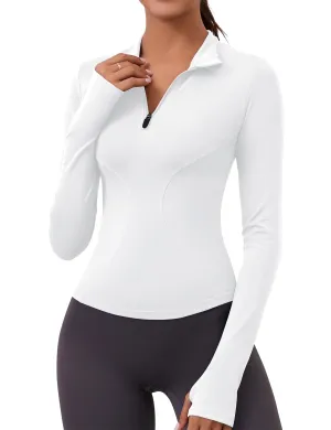 Womens Long Sleeve Workout Crop Tops Quick Dry Golf Shirt Quarter Zip Pullover Yoga Athletic Slim Fit Shirts(White)