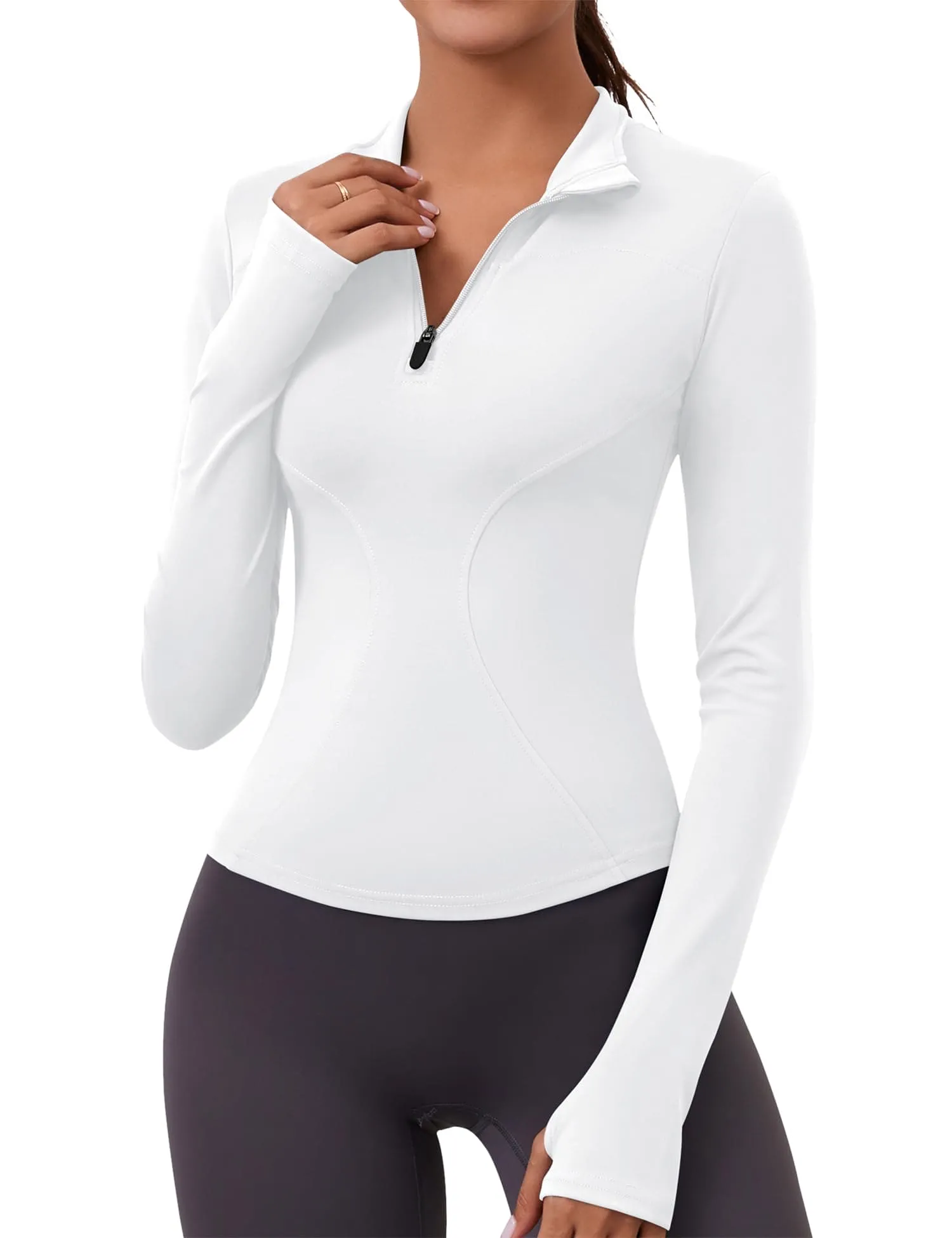 Womens Long Sleeve Workout Crop Tops Quick Dry Golf Shirt Quarter Zip Pullover Yoga Athletic Slim Fit Shirts(White)