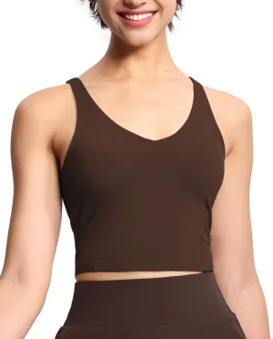Women??s Longline Sports Bra Wirefree Padded Medium Support Yoga Bras Gym Running Workout Tank Tops Brown