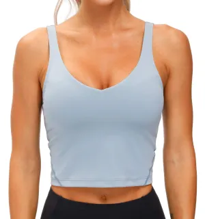 Women??s Longline Sports Bra Wirefree Padded Medium Support Yoga Bras Gym Running Workout Tank Tops (Denim Blue)