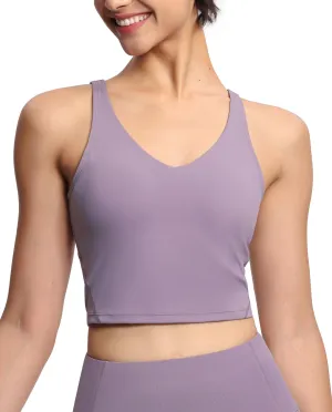 Women??s Longline Sports Bra Wirefree Padded Medium Support Yoga Bras Gym Running Workout Tank Tops Grey Purple