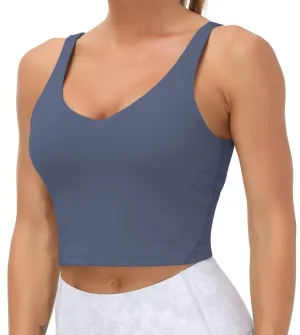 Women??s Longline Sports Bra Wirefree Padded Medium Support Yoga Bras Gym Running Workout Tank Tops (Ink Blue)