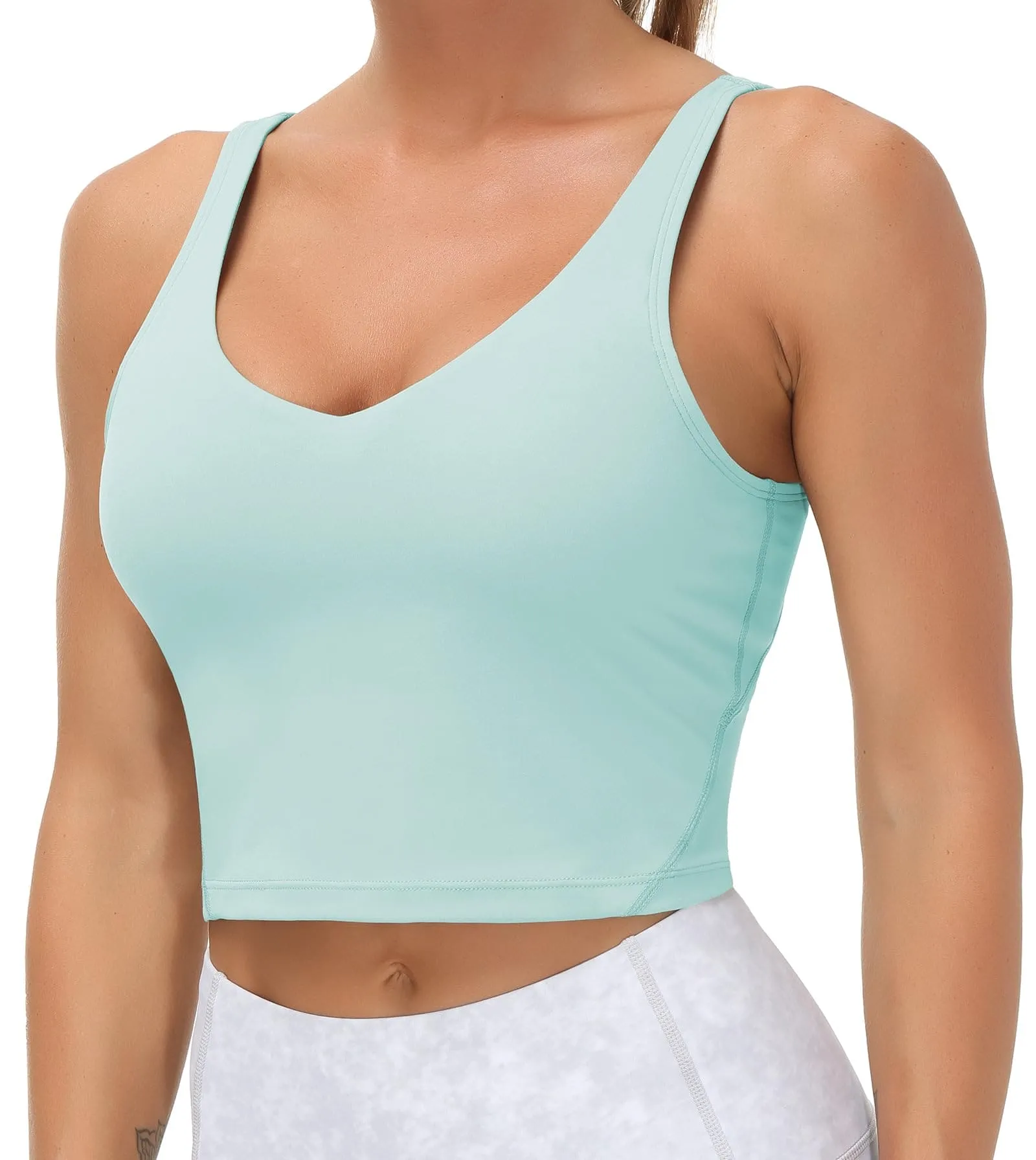 Women??s Longline Sports Bra Wirefree Padded Medium Support Yoga Bras Gym Running Workout Tank Tops (Light Blue)