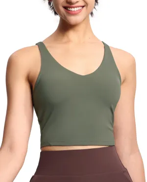 Women??s Longline Sports Bra Wirefree Padded Medium Support Yoga Bras Gym Running Workout Tank Tops Olive Green