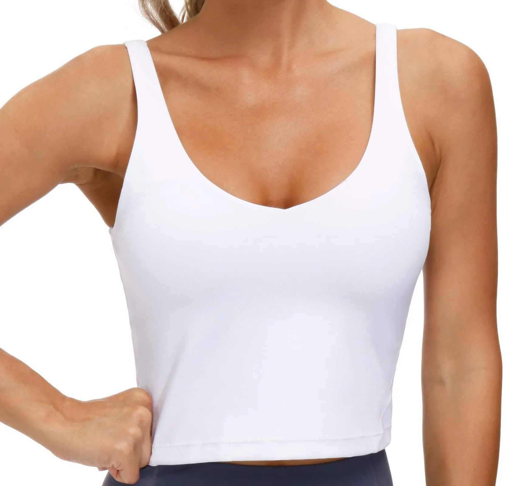 Women??s Longline Sports Bra Wirefree Padded Medium Support Yoga Bras Gym Running Workout Tank Tops (White)